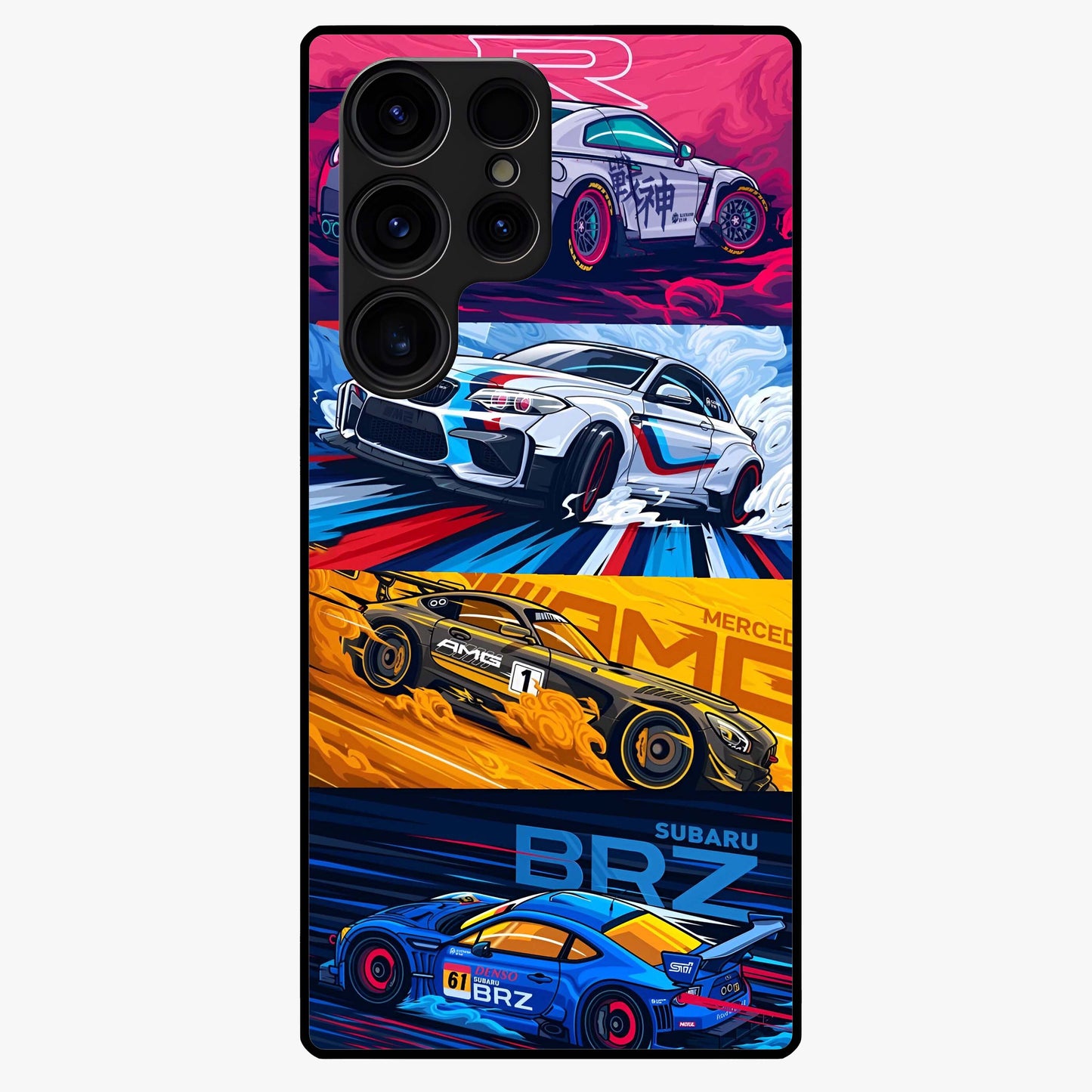 JDM Sports Car Glass Case showing flat back view with high performance sports car artwork and glossy glass finish.