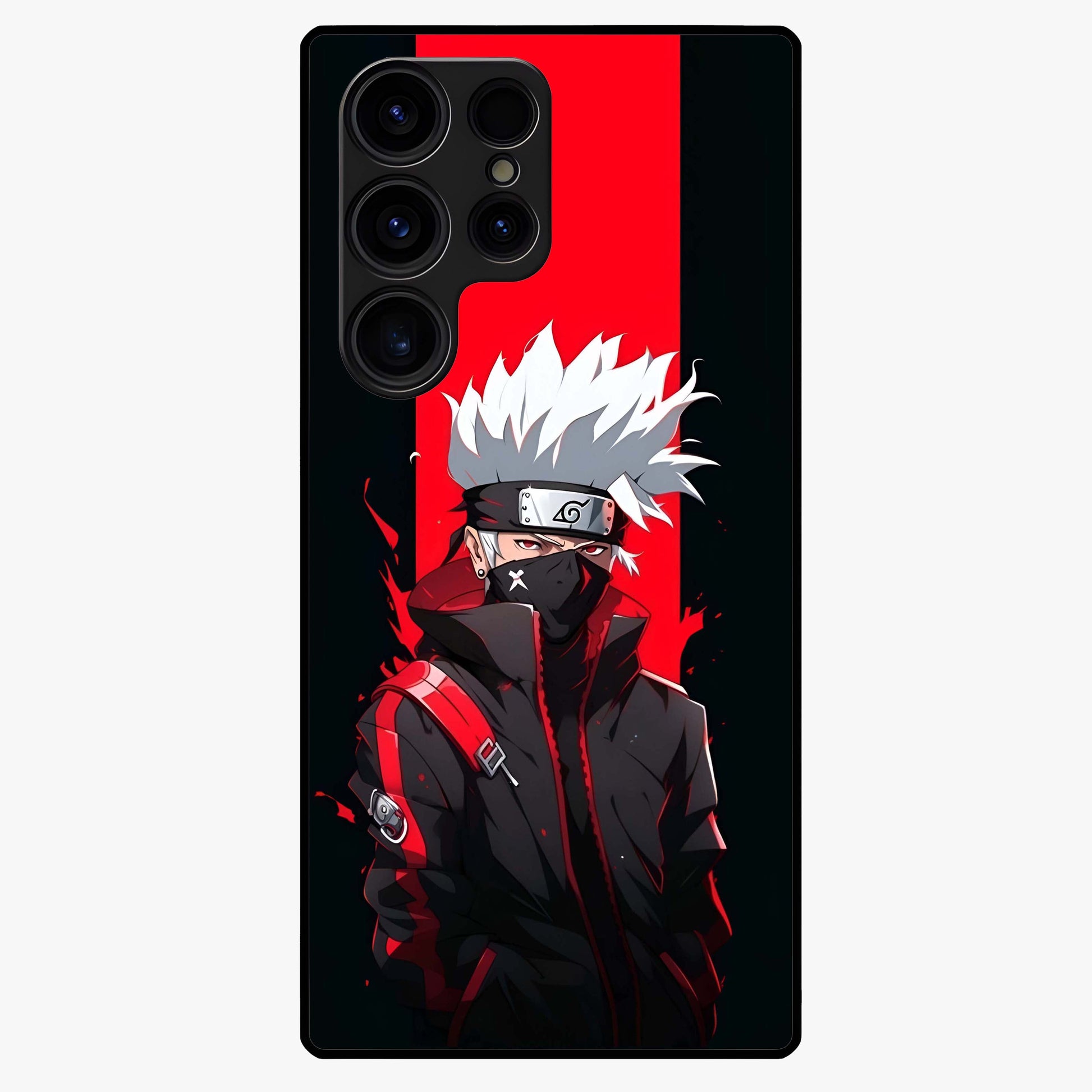 Kakashi Scarlet Shadow Glass Case showing flat back view with powerful anime ninja artwork and glossy glass finish.