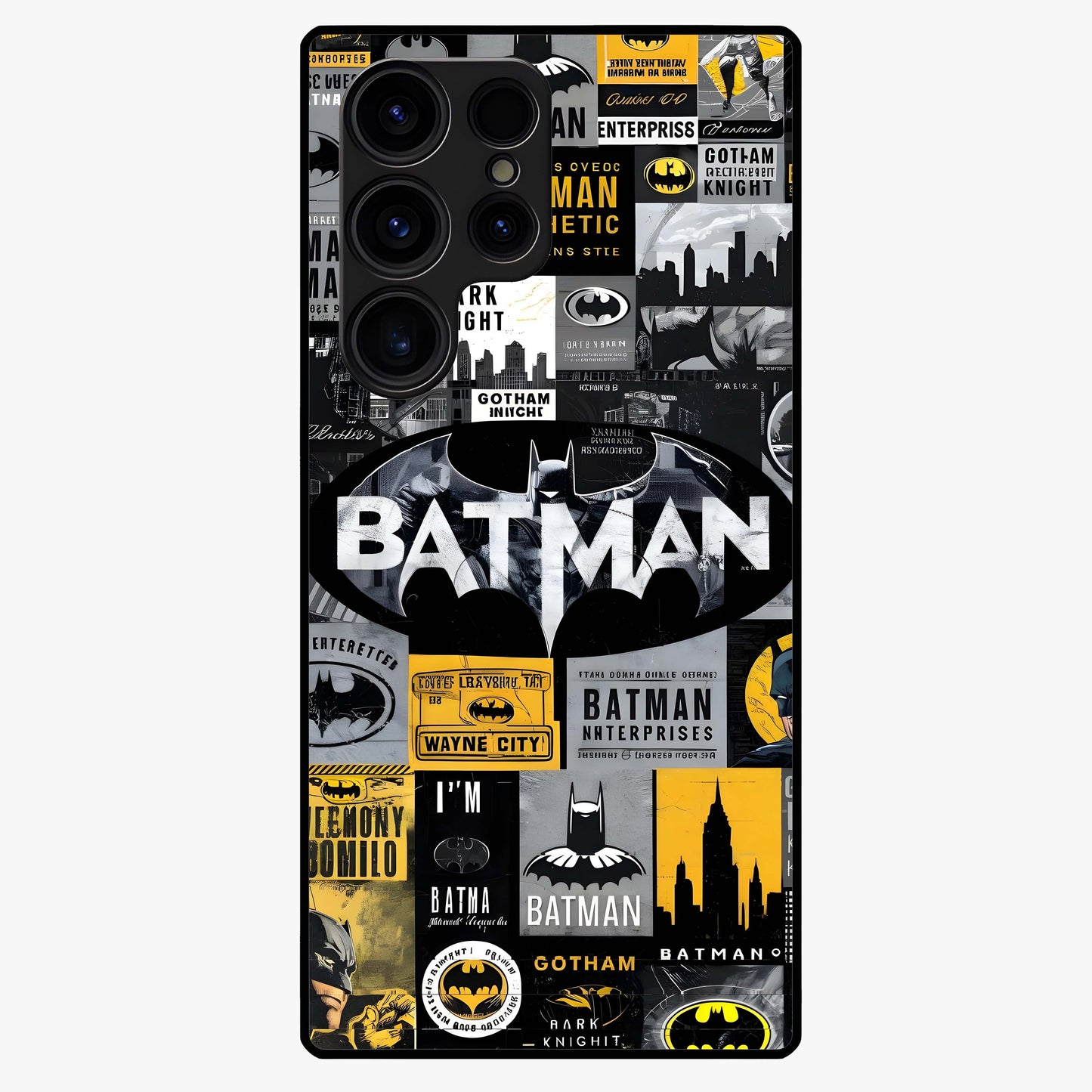 Knight Gotham Rise Glass Case showing flat back view with dark hero inspired artwork and glossy glass finish.