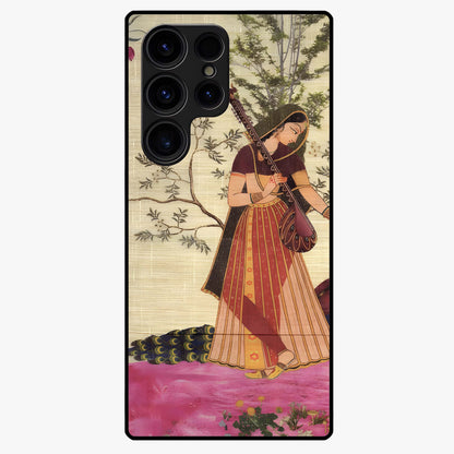 Lady With Veena Art Glass Case showing flat back view with elegant woman playing veena artwork and glossy glass finish.