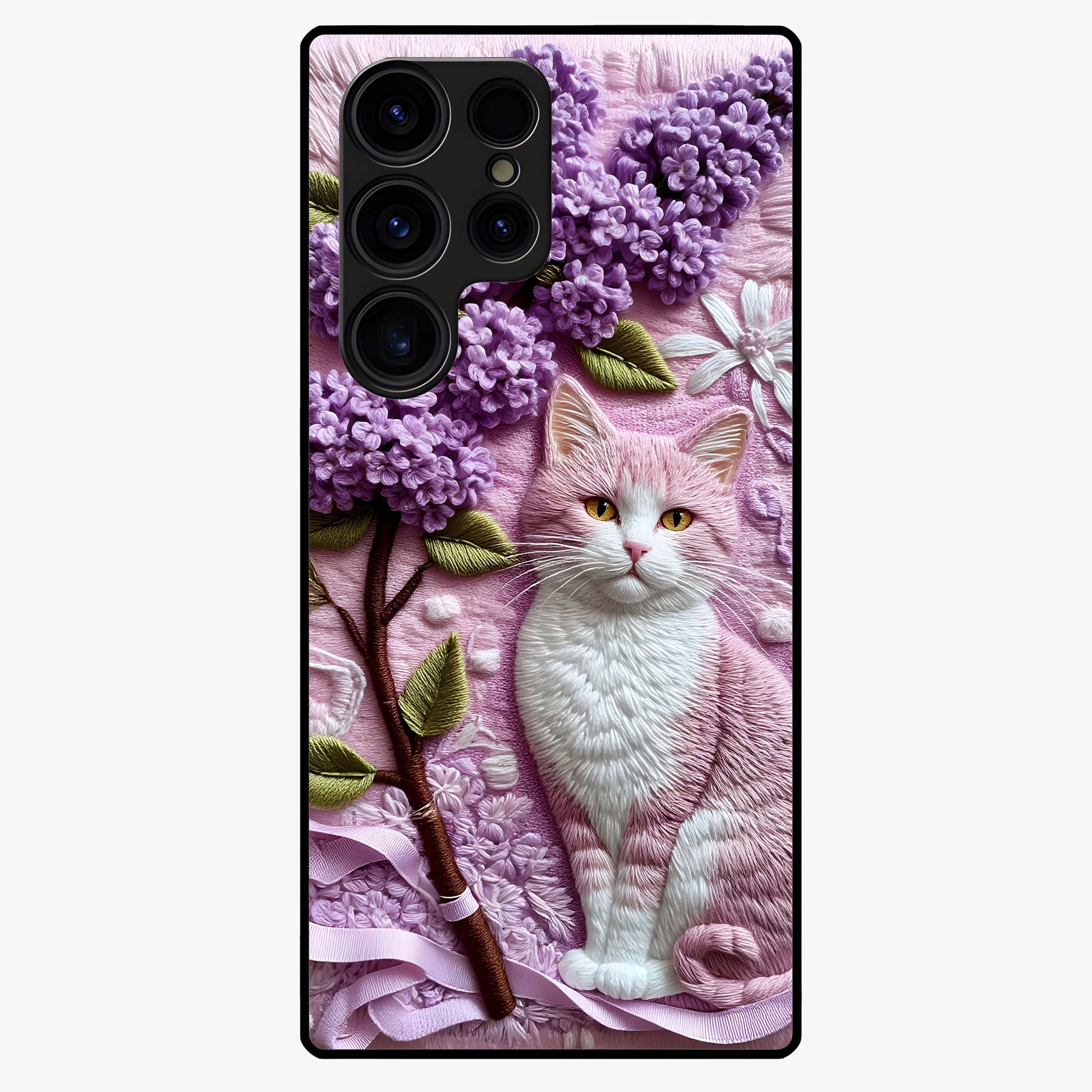 Lavender Cat Whimsy Glass Case showing flat back view with cute lavender cat artwork and glossy glass finish.