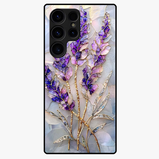 Lavender Dream Glow Glass Case showing flat back view with glowing lavender aesthetic artwork and glossy glass finish.