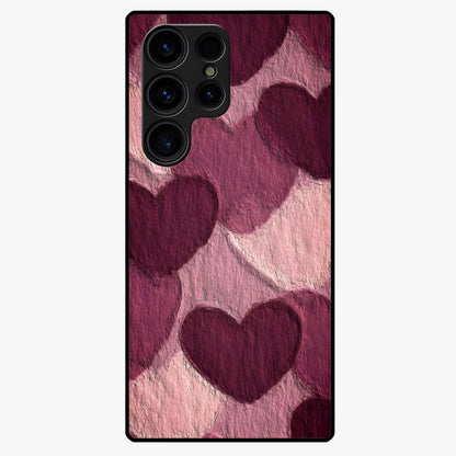 Layered Paper Hearts Glass Case showing flat back view with layered paper heart artwork and glossy glass finish.