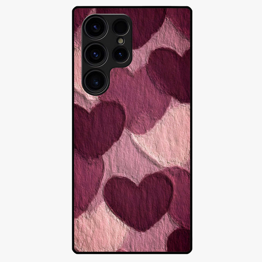 Layered Paper Hearts Glass Case showing flat back view with layered paper heart artwork and glossy glass finish.
