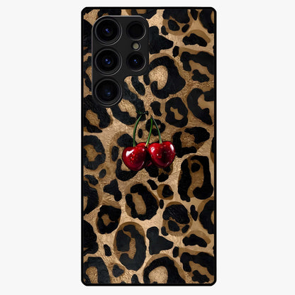 Leopard Wild Cherry Glass Case showing flat back view with leopard pattern and cherry artwork and glossy glass finish.