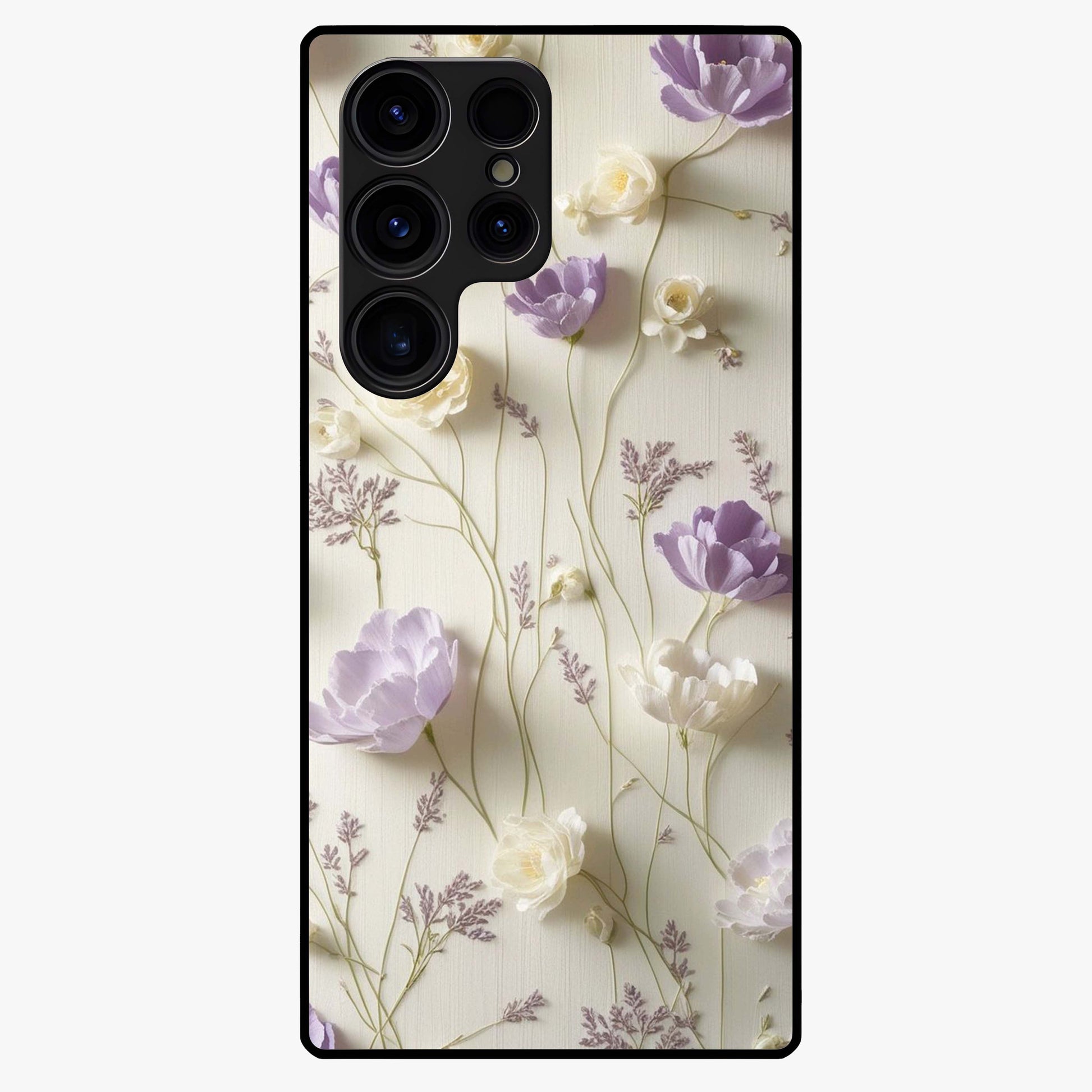 Lilac Breeze Harmony Glass Case showing flat back view with soft lilac themed artwork and glossy glass finish.
