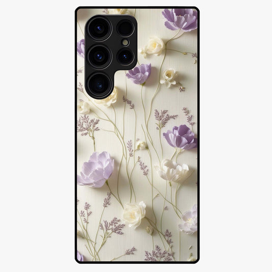 Lilac Breeze Harmony Glass Case showing flat back view with soft lilac themed artwork and glossy glass finish.