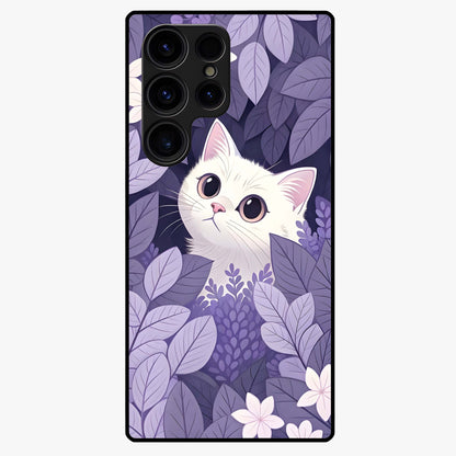 Lilac Hide Peek Cat Glass Case showing flat back view with cute peeking cat artwork and glossy glass finish.