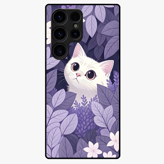 Lilac Hide Peek Cat Glass Case showing flat back view with cute peeking cat artwork and glossy glass finish.