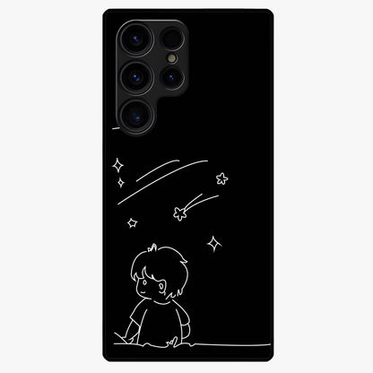 Line Art Boy With Shooting Stars Glass Case showing flat back view with minimal line art boy and shooting stars illustration and glossy glass finish.