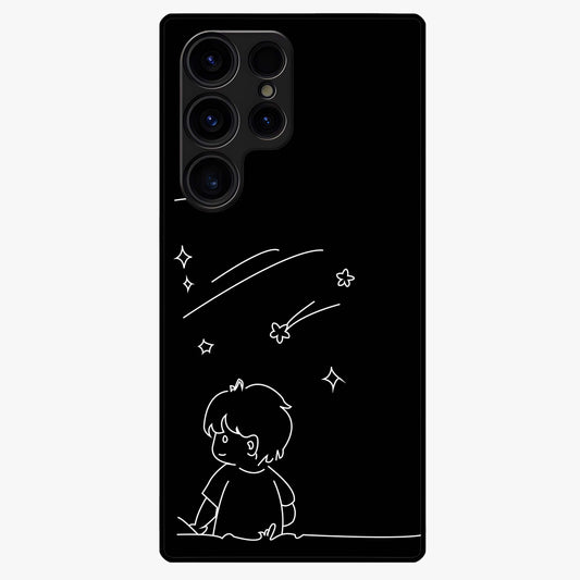 Line Art Boy With Shooting Stars Glass Case showing flat back view with minimal line art boy and shooting stars illustration and glossy glass finish.