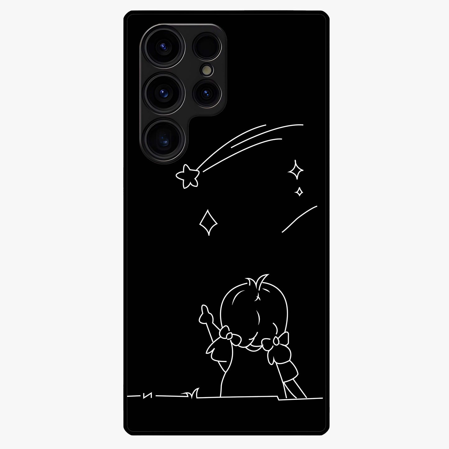 Line Art Girl With Shooting Stars Glass Case showing flat back view with minimal line art girl and shooting stars illustration and glossy glass finish.