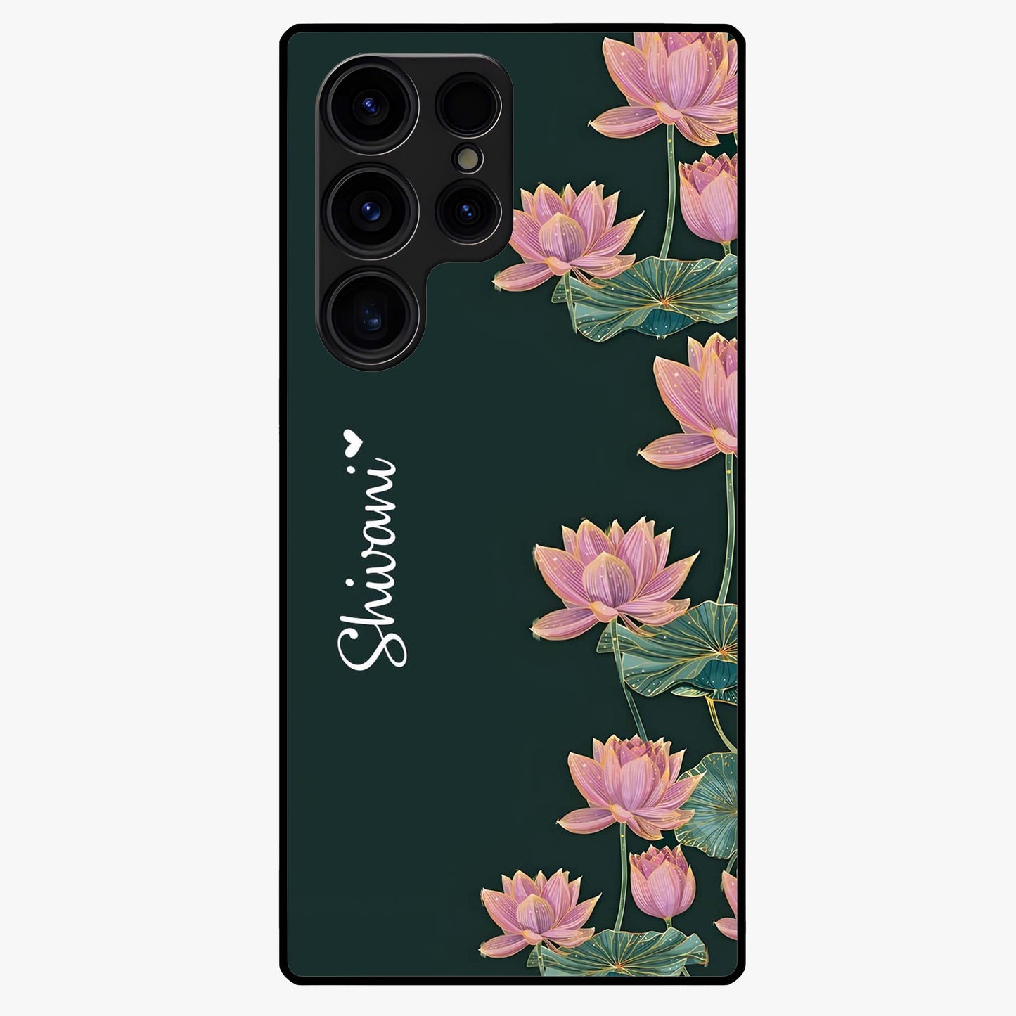 Lotus Bloom Serenity Custom Name Glass Case showing flat back view with elegant lotus flower artwork and personalized name design.