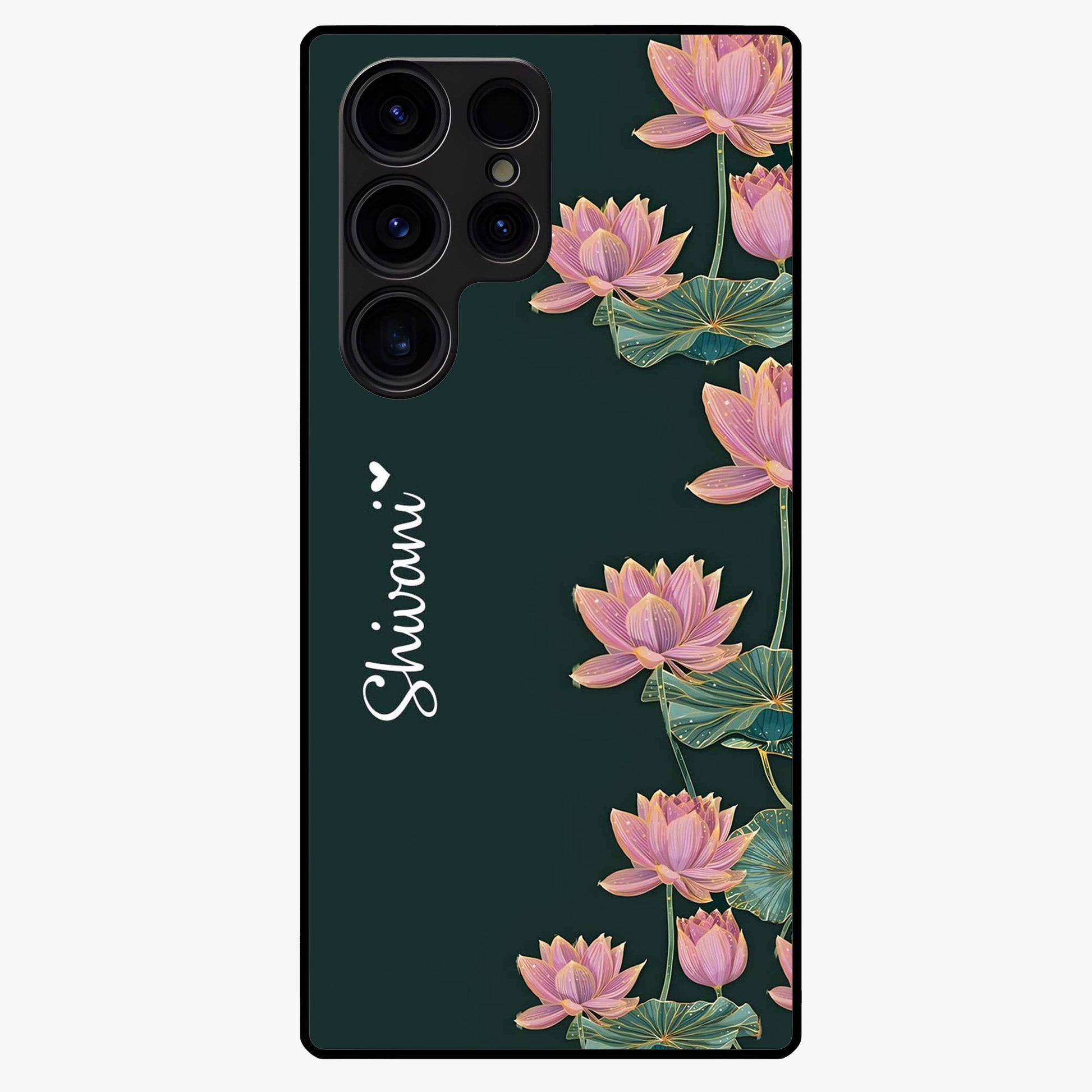 Lotus Bloom Serenity Custom Name Glass Case showing flat back view with elegant lotus flower artwork and personalized name design.