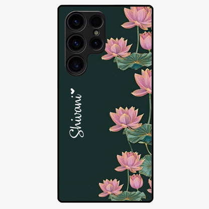 Lotus Bloom Serenity Custom Name Glass Case showing flat back view with elegant lotus flower artwork and personalized name design.