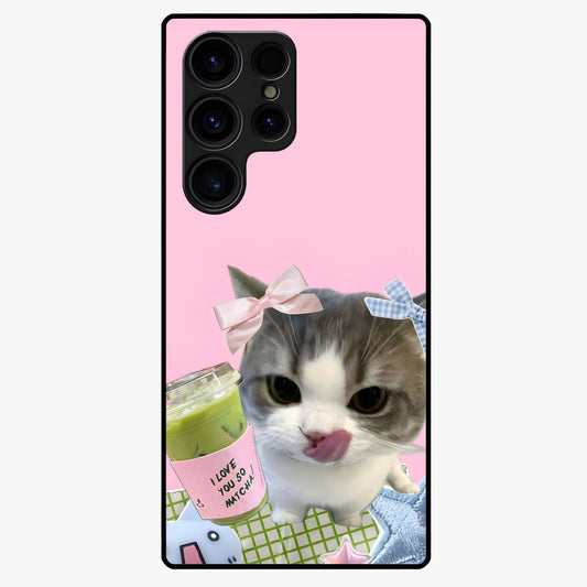 Love Matcha Cat Glass Case showing flat back view with cute cat and matcha themed artwork and glossy glass finish.