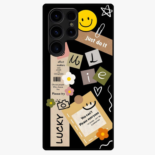 Lucky Aesthetic Collage Glass Case showing flat back view with trendy aesthetic collage artwork and glossy glass finish.