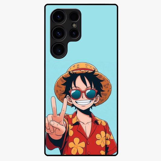 Luffy Summer Anime Vibe Glass Case showing flat back view with vibrant anime character artwork and glossy glass finish.