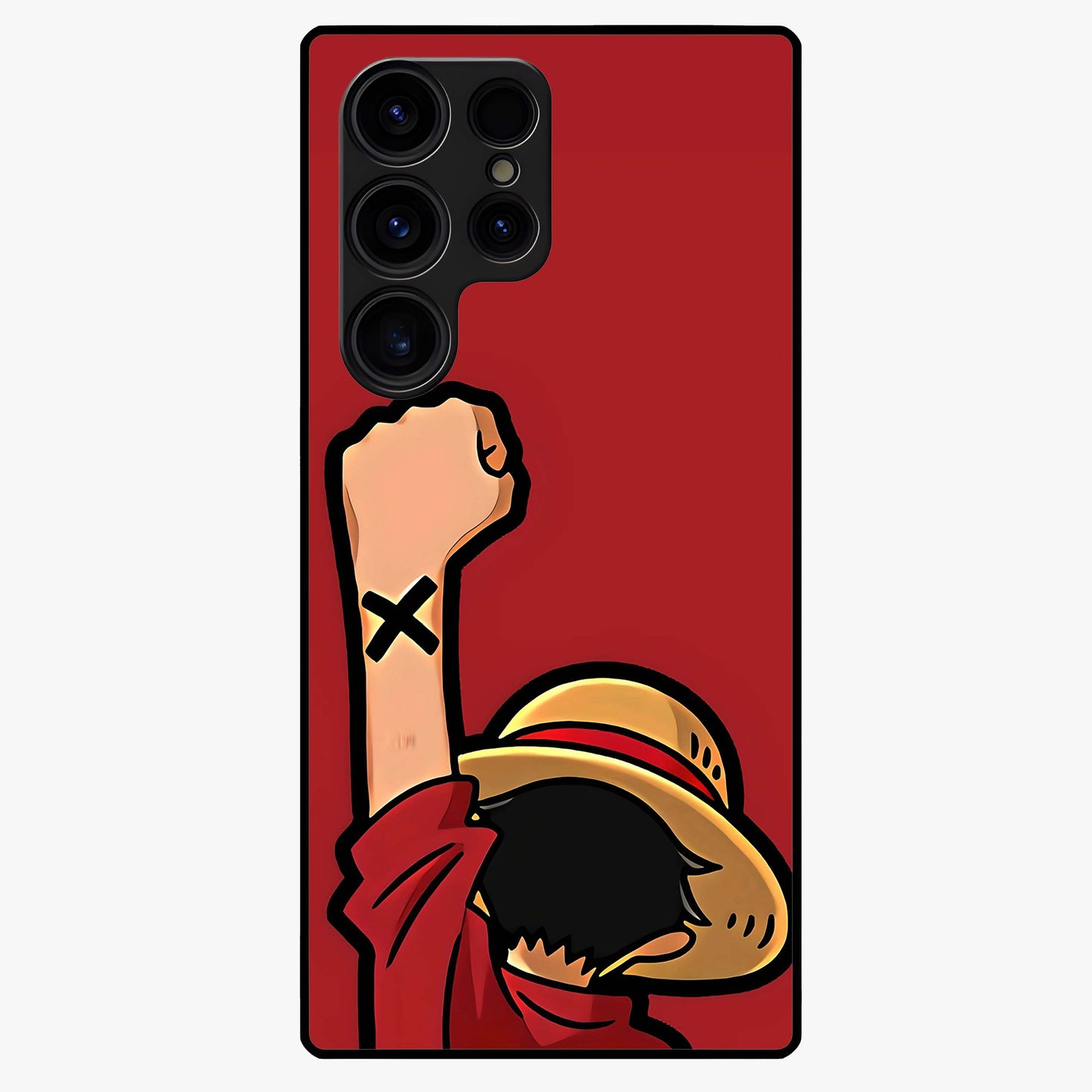 Luffy X Spirit Glass Case showing flat back view with bold anime character artwork and glossy glass finish.