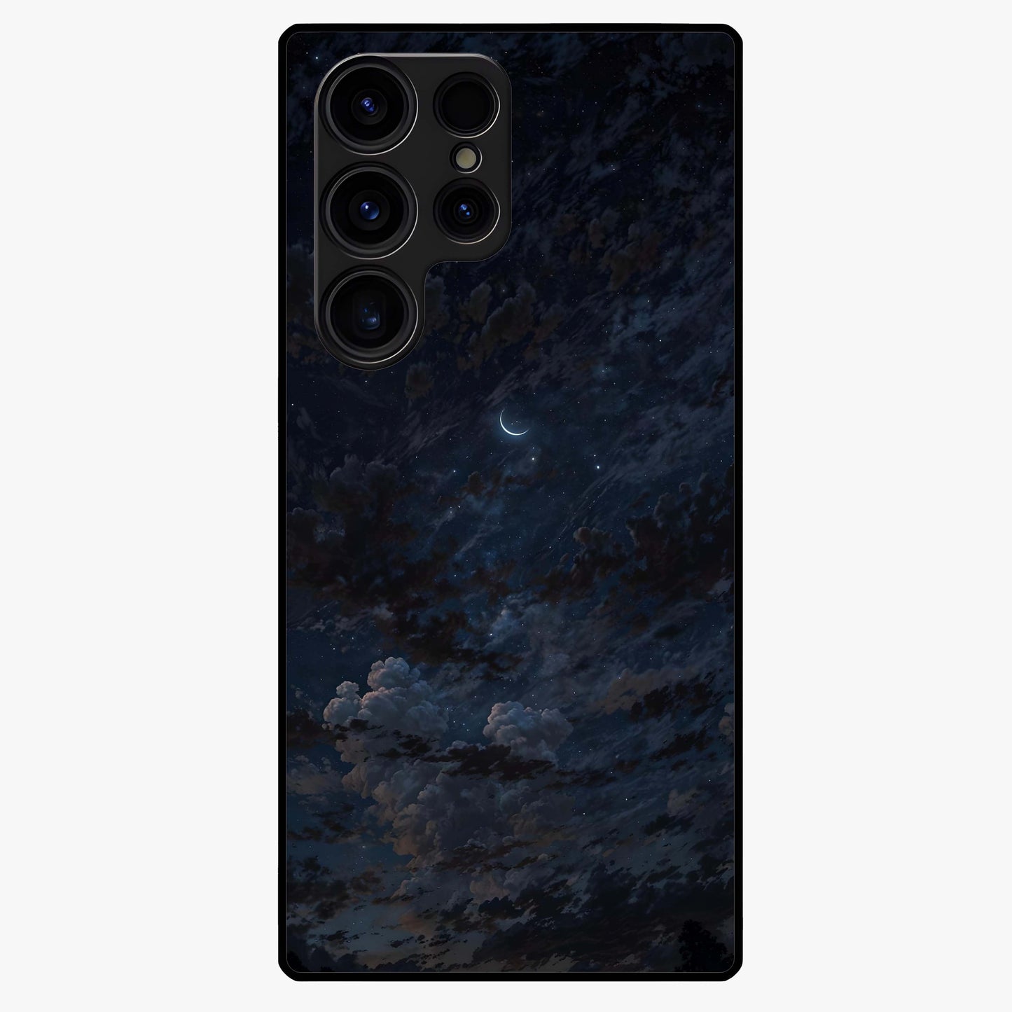 Lunar Veil Silence Glass Case showing flat back view with mystical moon veil artwork and glossy glass finish.