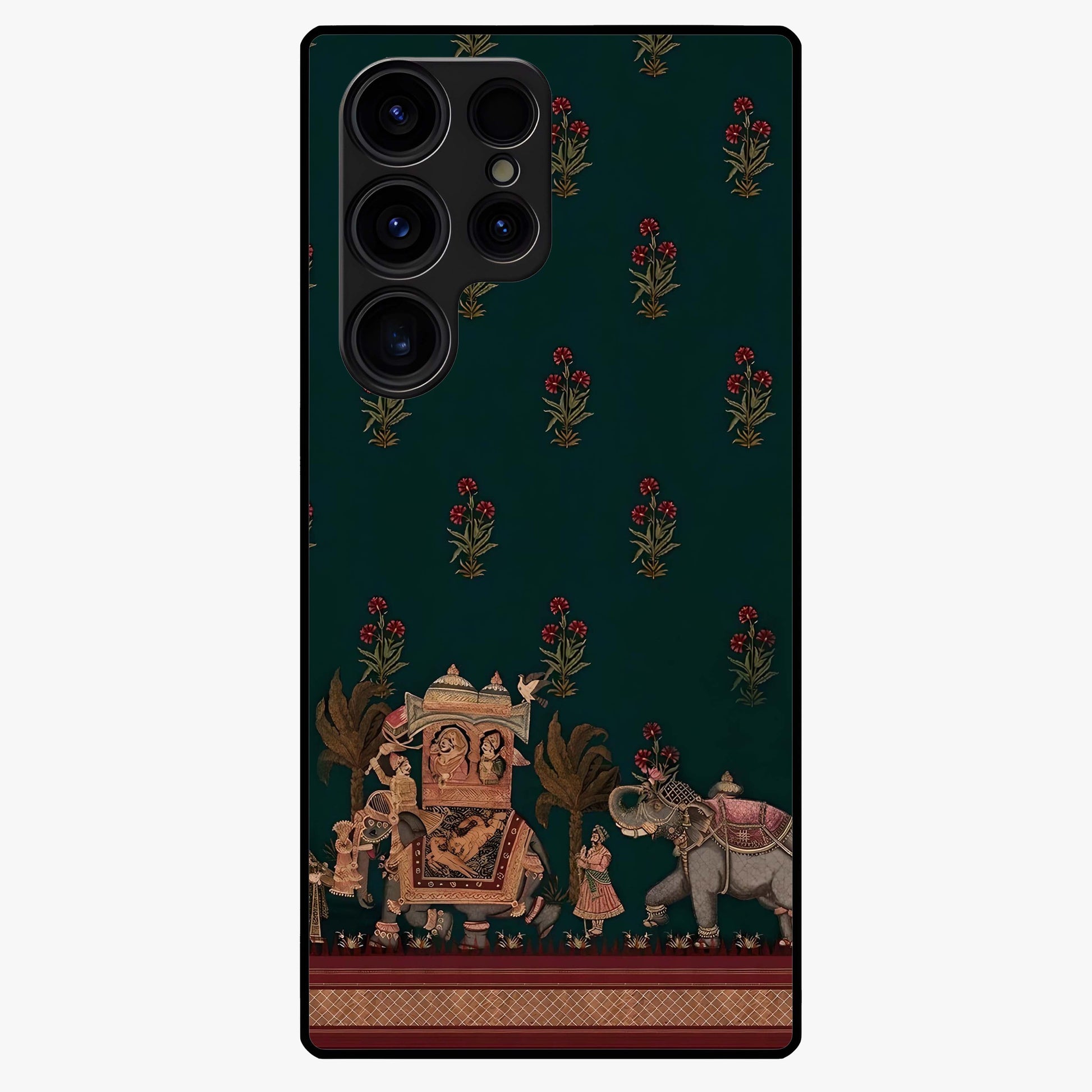 Macmerise Glass Case showing flat back view with stylish modern artwork and glossy glass finish.