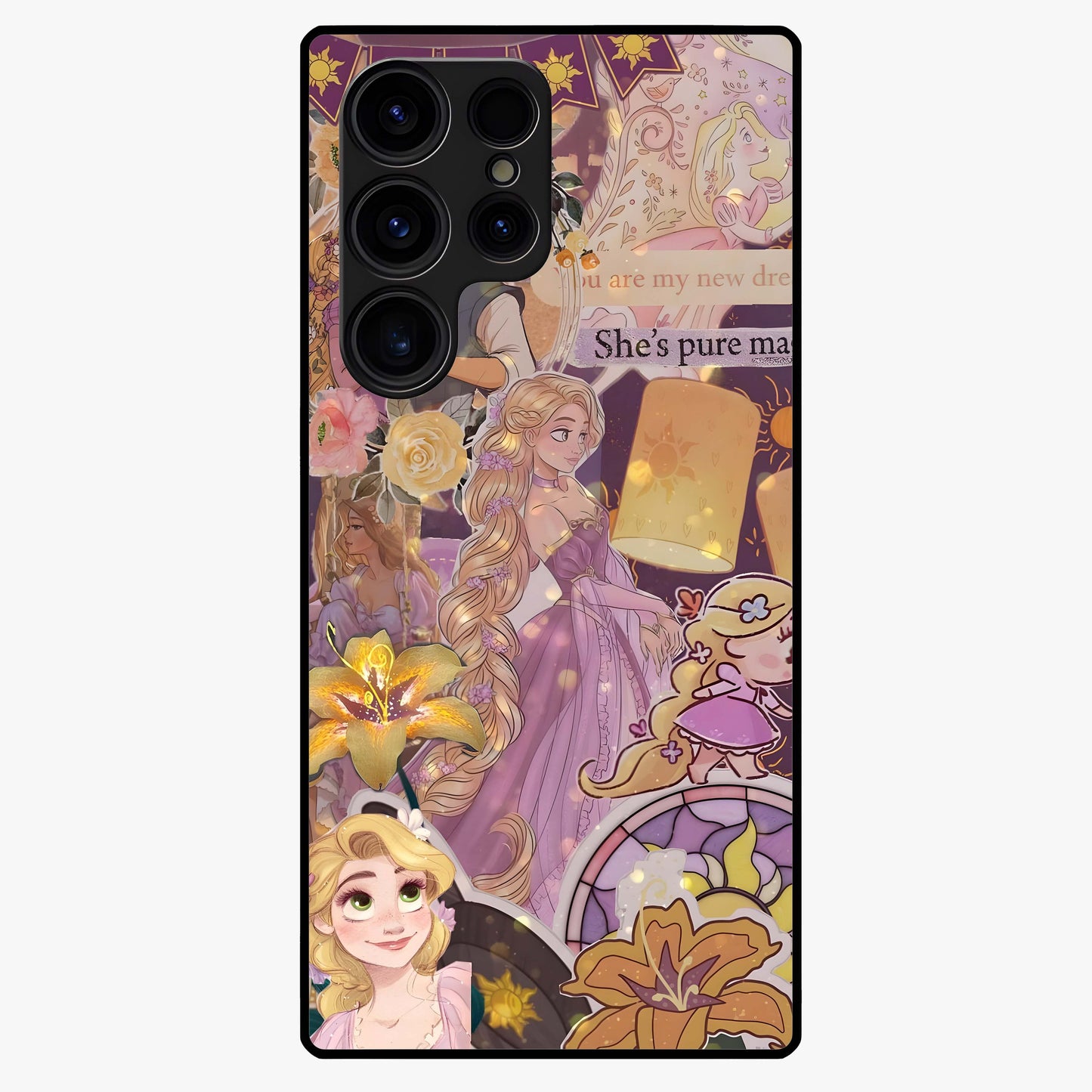 Magical Tangled Dream Glass Case showing flat back view with dreamy tangled artwork and glossy glass finish.