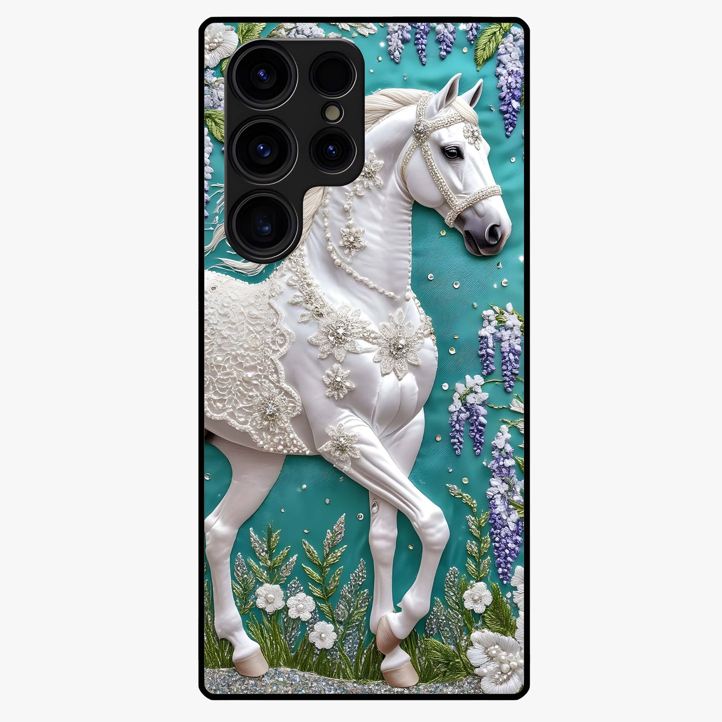 Majestic Floral Stallion Glass Case showing flat back view with powerful horse and floral artwork and glossy glass finish.