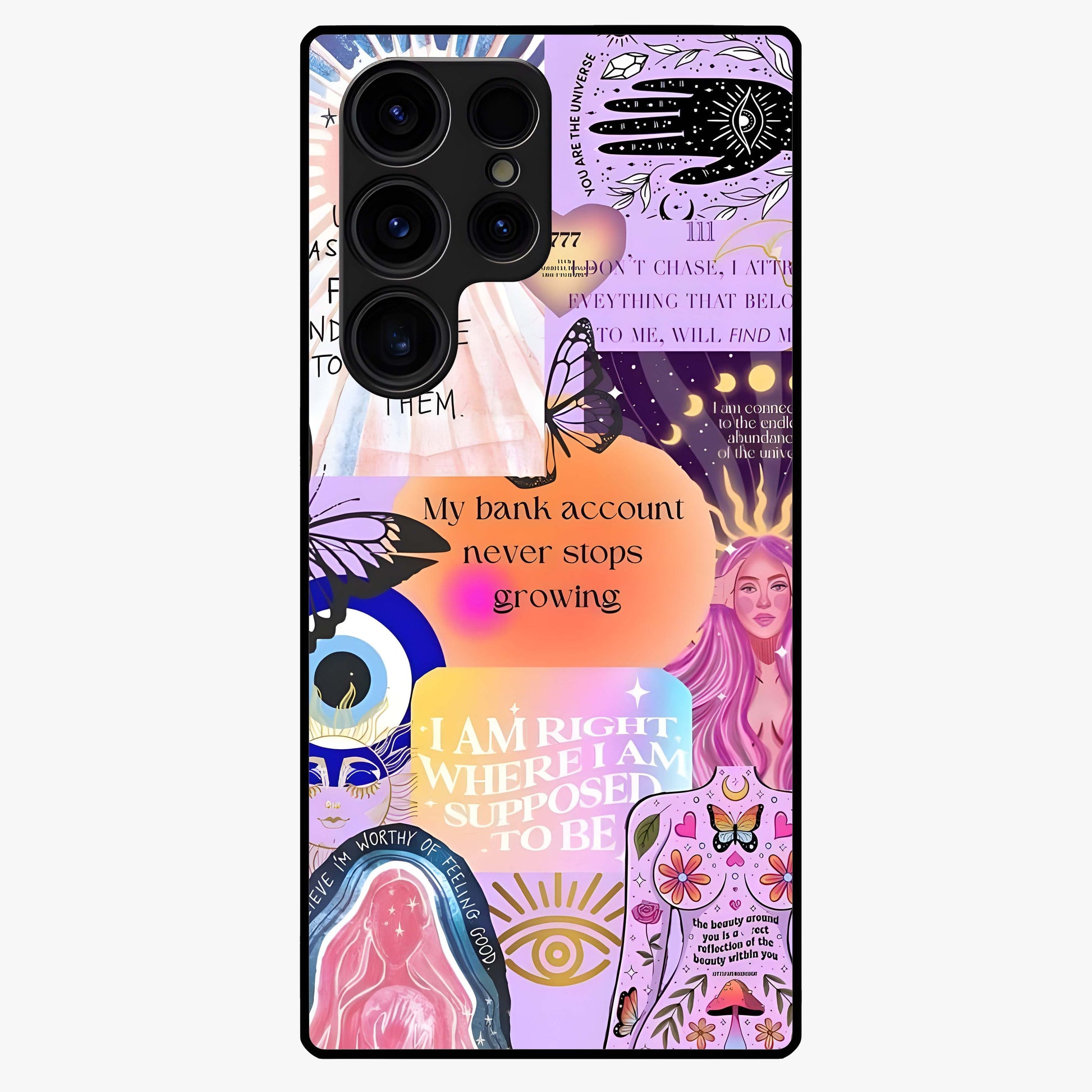 Manifestation Collage Glass Case showing flat back view with motivational collage artwork and glossy glass finish.