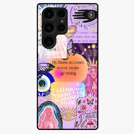 Manifestation Collage Glass Case showing flat back view with motivational collage artwork and glossy glass finish.
