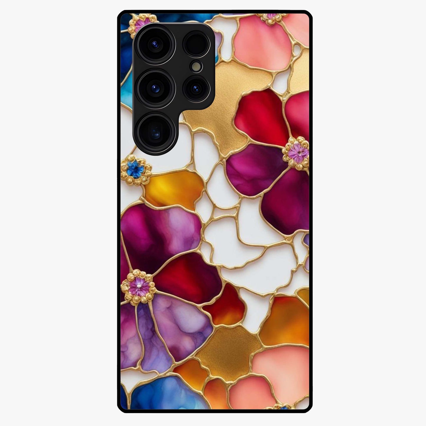 Marble Flower Pattern Glass Case showing flat back view with marble texture floral artwork and glossy glass finish.