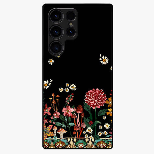 Midnight Bloom Pattern Glass Case showing flat back view with dark floral pattern artwork and glossy glass finish.
