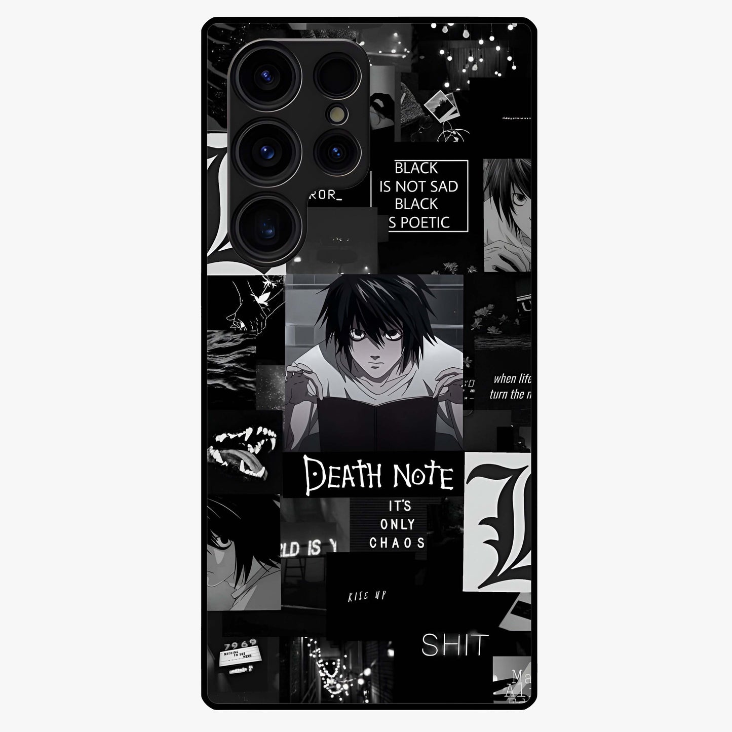 Midnight Chaos Mind Glass Case showing flat back view with abstract dark themed artwork and glossy glass finish.
