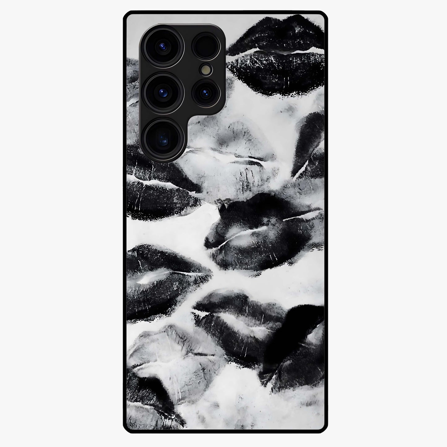 Midnight Kiss Marks Glass Case showing flat back view with lipstick kiss mark artwork and glossy glass finish.