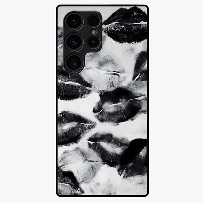 Midnight Kiss Marks Glass Case showing flat back view with lipstick kiss mark artwork and glossy glass finish.