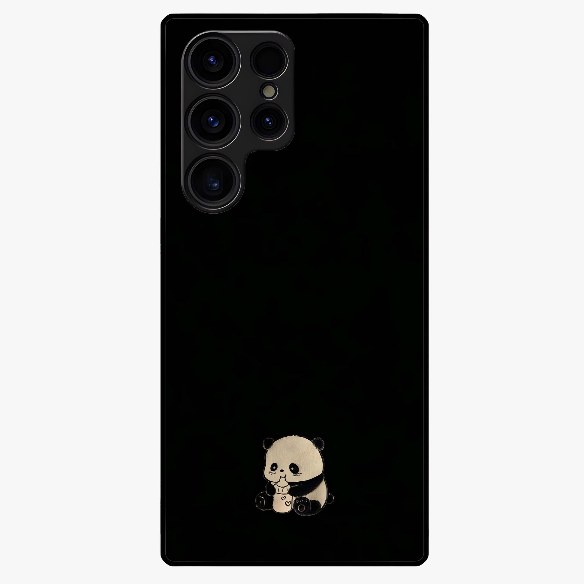 Midnight Panda Love Glass Case showing flat back view with cute panda themed artwork and glossy glass finish.
