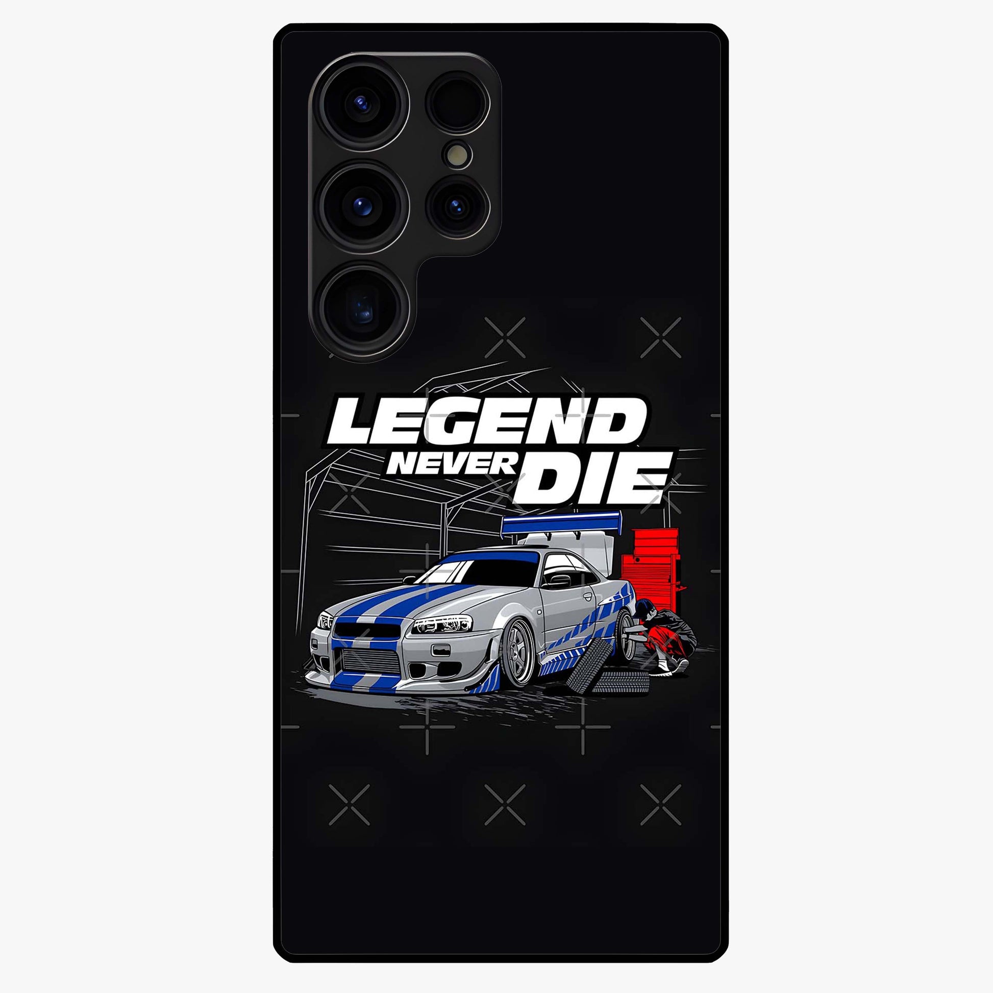 Midnight Racing Legacy Glass Case showing flat back view with sleek racing inspired artwork and glossy glass finish.