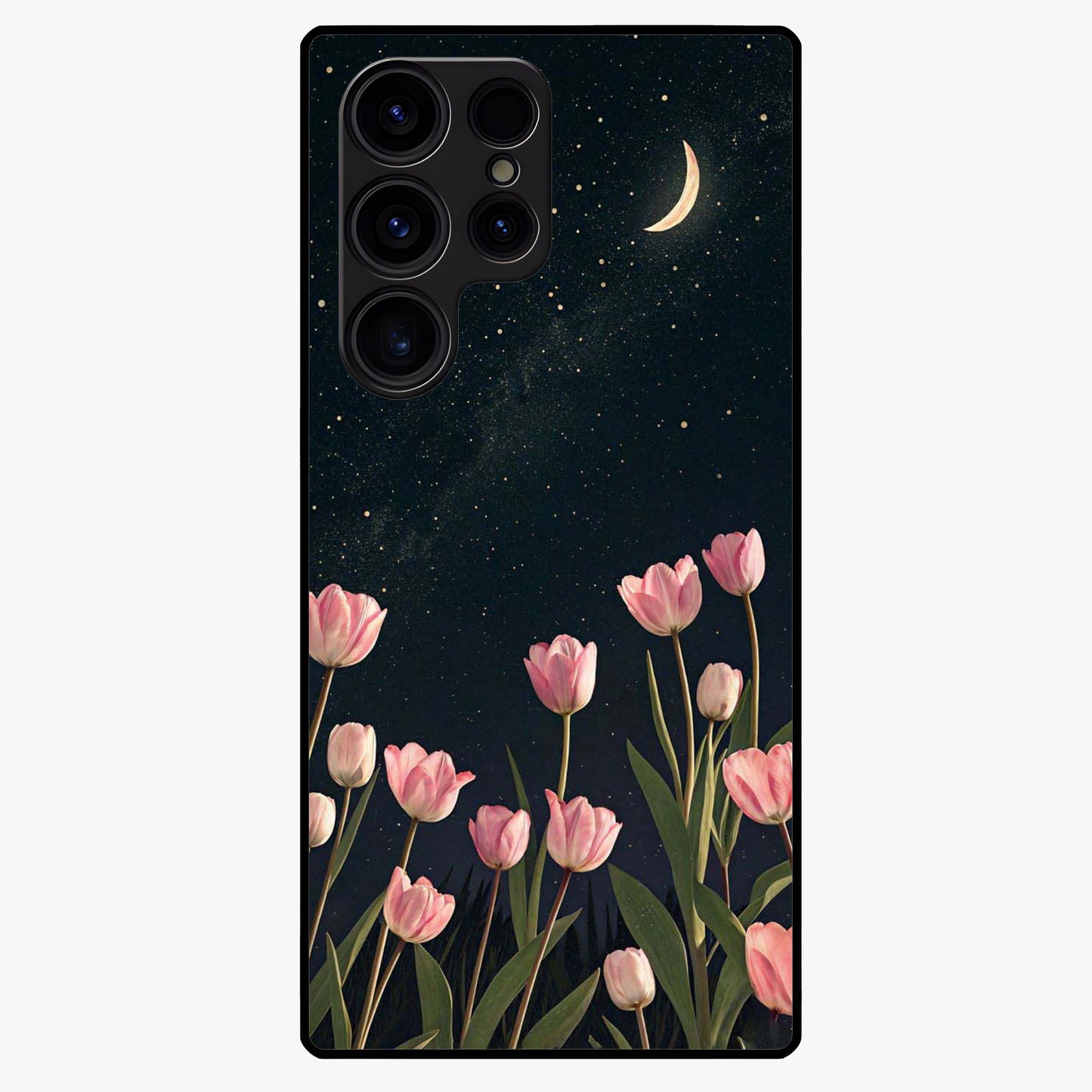 Midnight Tulip Whispers Vibe Glass Case showing flat back view with elegant tulip flower artwork and glossy glass finish.