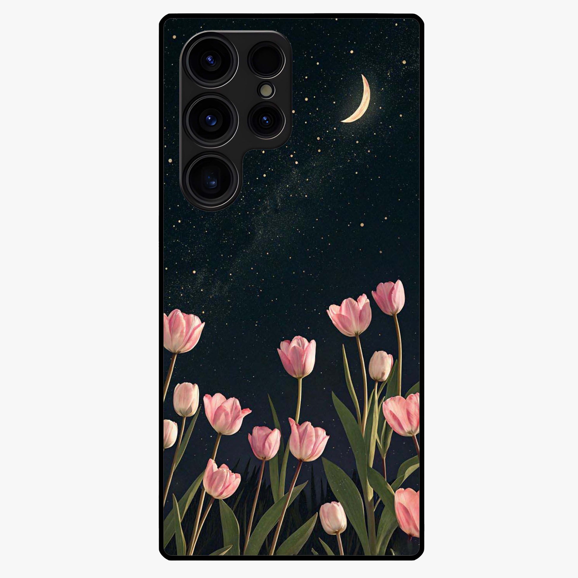 Midnight Tulip Whispers Vibe Glass Case showing flat back view with elegant tulip flower artwork and glossy glass finish.