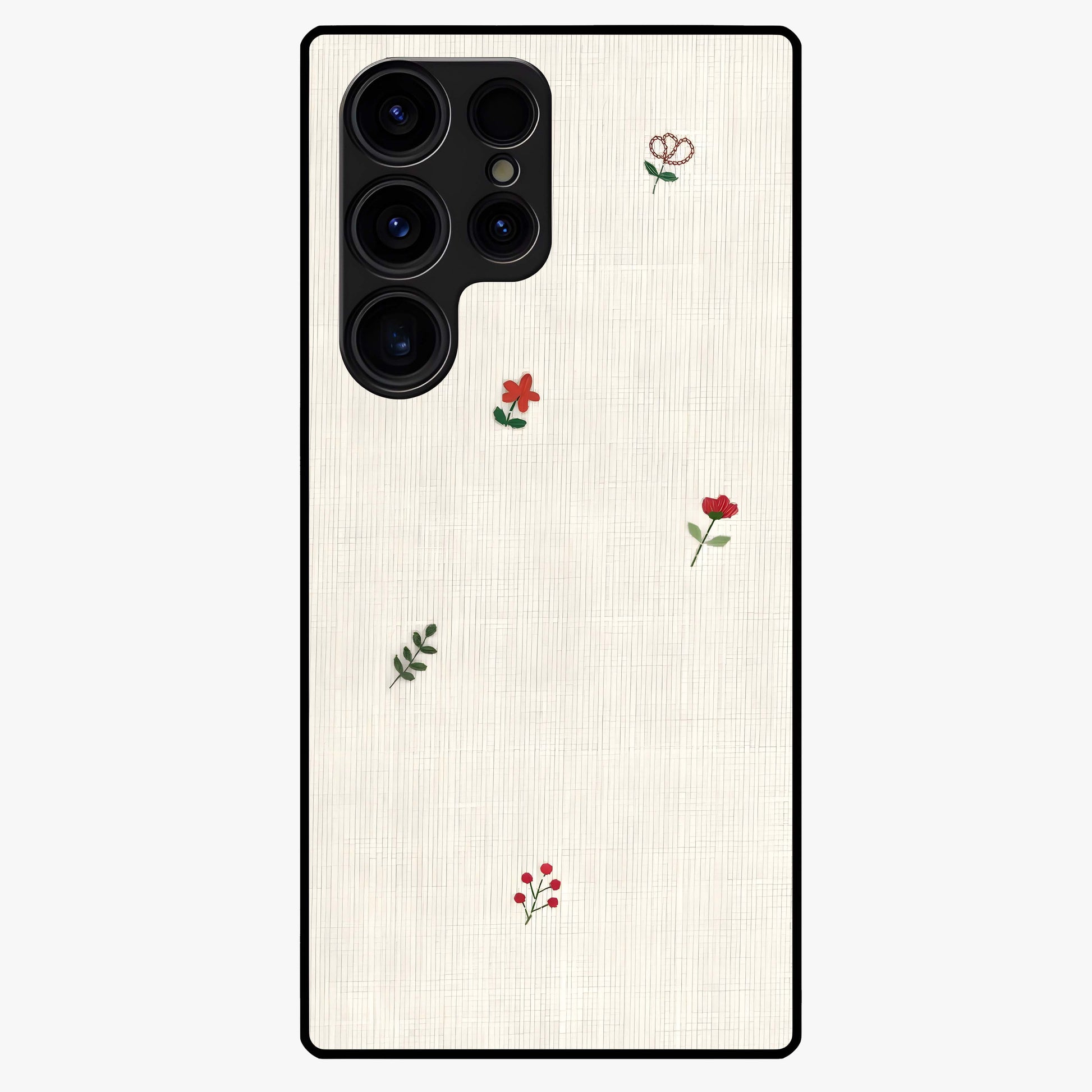 Minimal Petal Whispers Glass Case showing flat back view with soft minimal floral artwork and glossy glass finish.