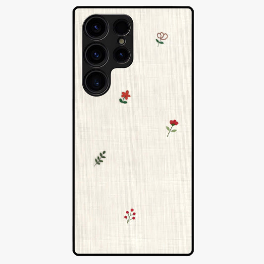 Minimal Petal Whispers Glass Case showing flat back view with soft minimal floral artwork and glossy glass finish.