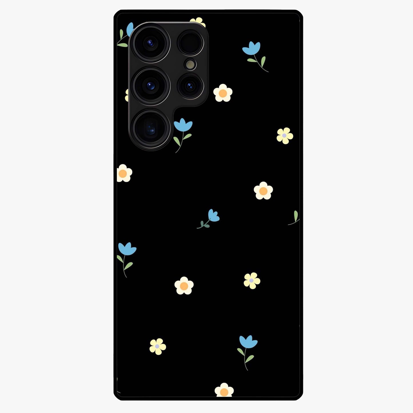 Minimalistic Blue With White Flower Pattern Glass Case showing flat back view with blue background and white flower pattern and glossy glass finish.