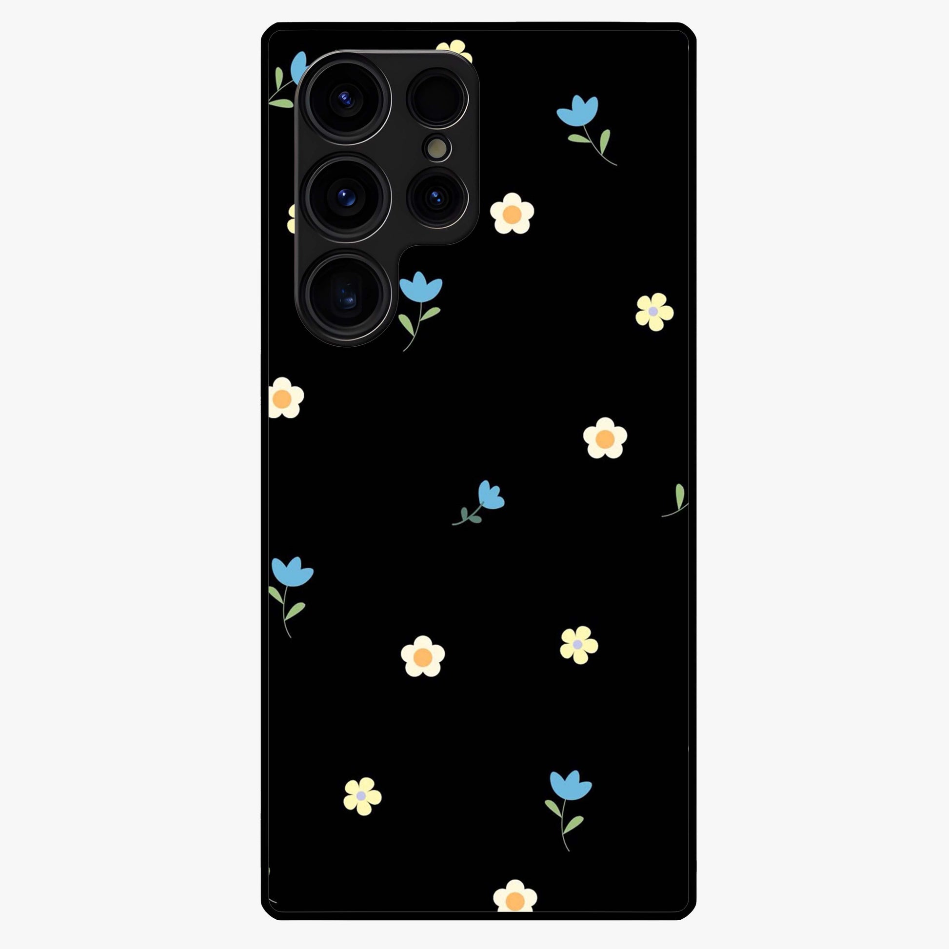 Minimalistic Blue With White Flower Pattern Glass Case showing flat back view with blue background and white flower pattern and glossy glass finish.