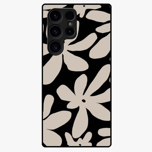 Monochrome Petal Dance Glass Case showing flat back view with monochrome floral artwork and glossy glass finish.