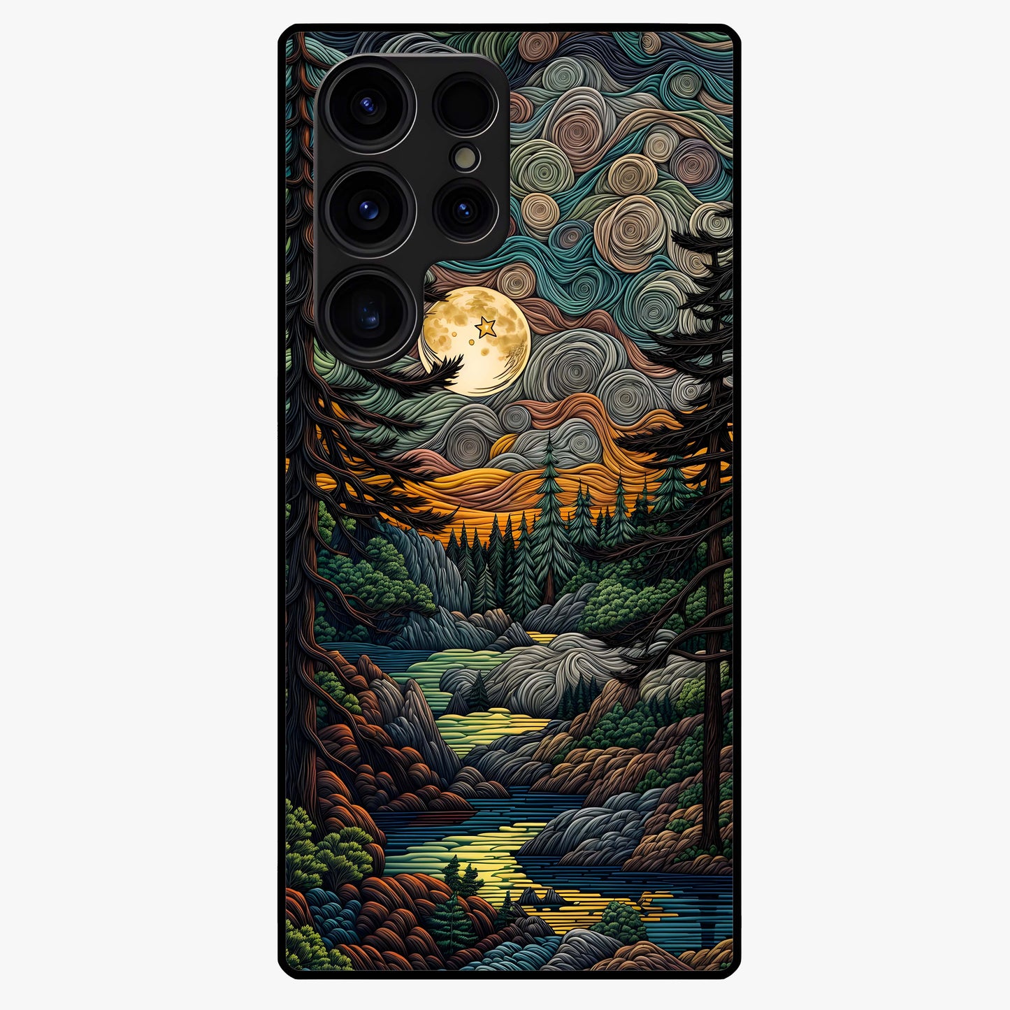 Moonlight Forest Dream Glass Case showing flat back view with mystical forest moonlight artwork and glossy glass finish.