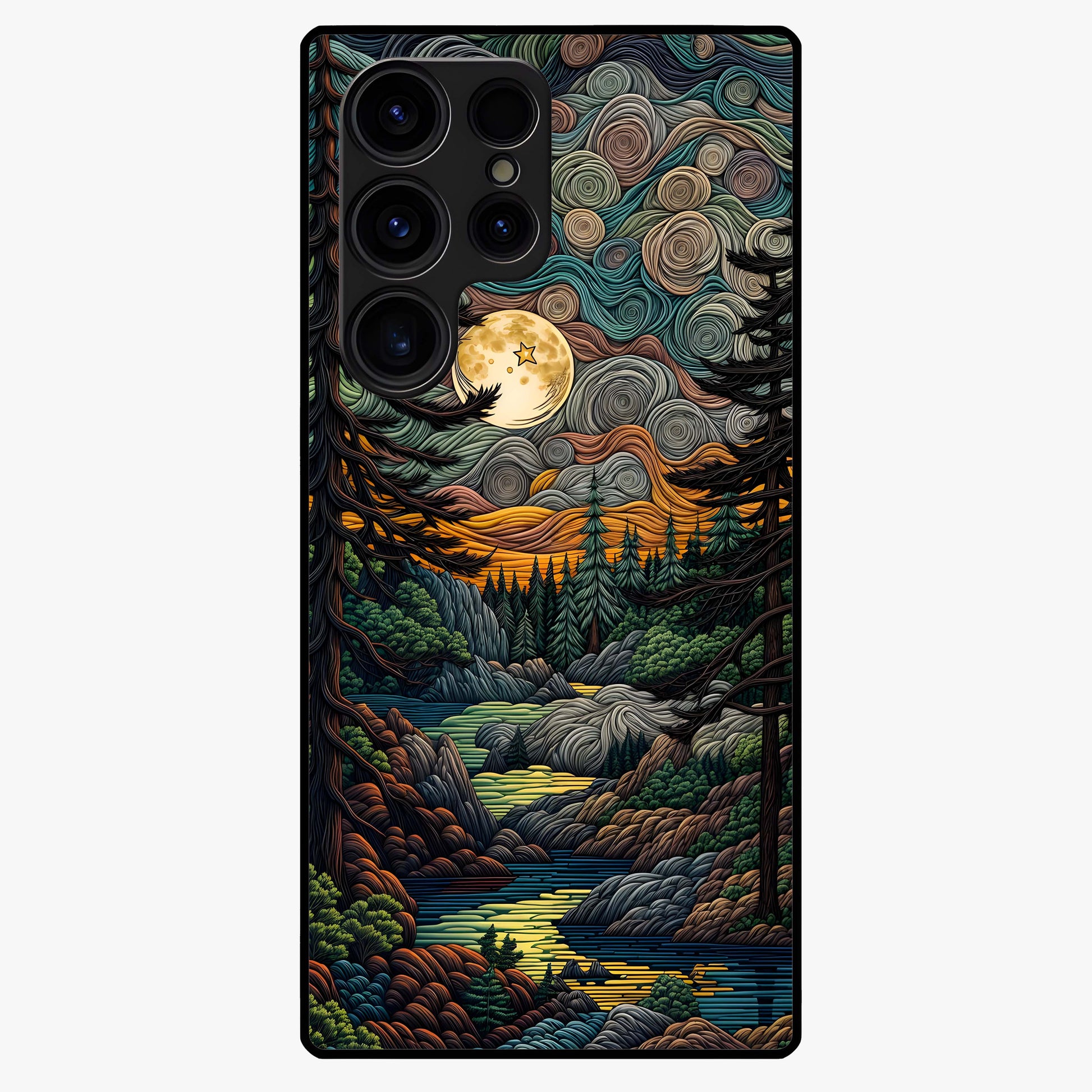 Moonlight Forest Dream Glass Case showing flat back view with mystical forest moonlight artwork and glossy glass finish.