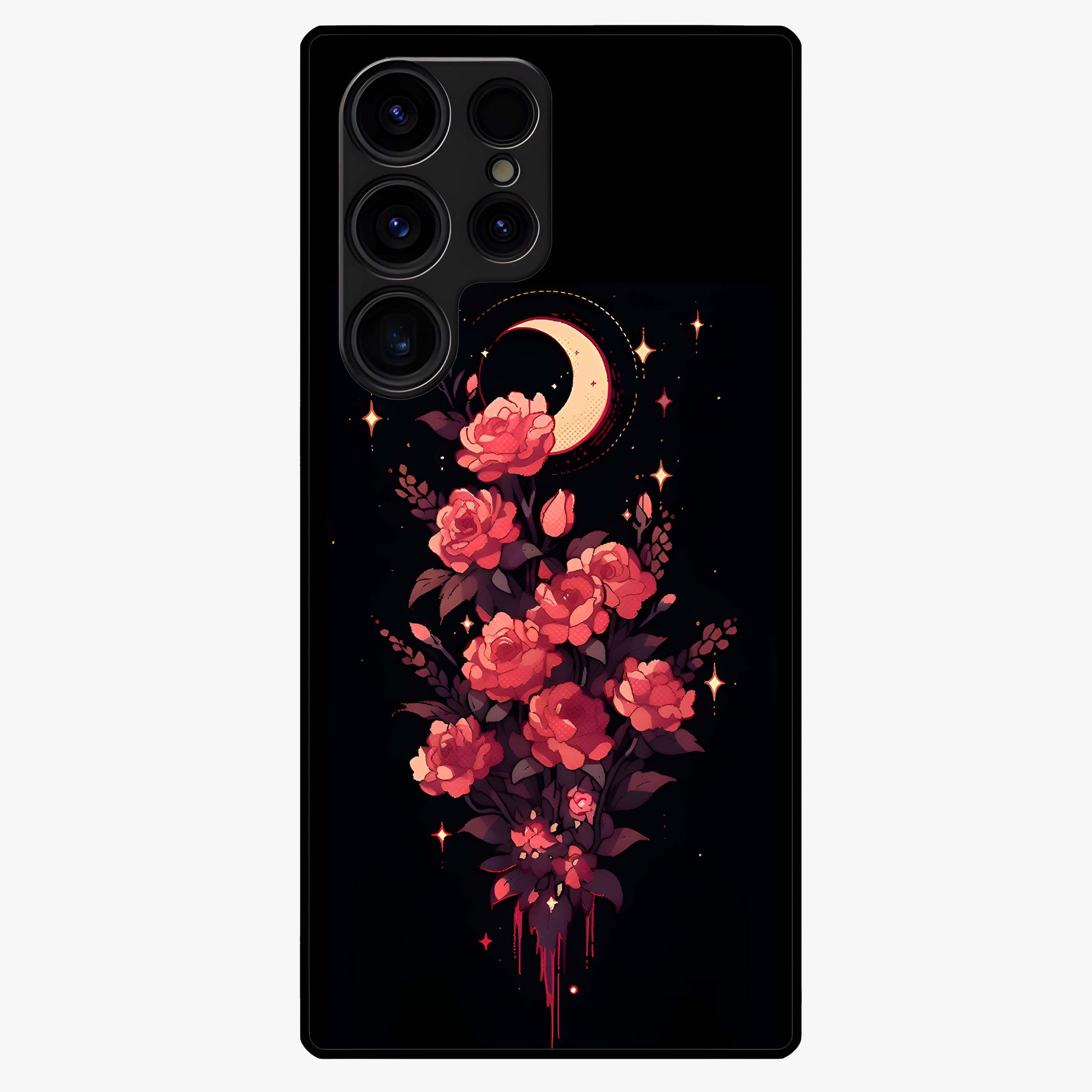 Moonlit Floral Elegance Glass Case showing flat back view with elegant floral artwork under moonlit tones and glossy glass finish.