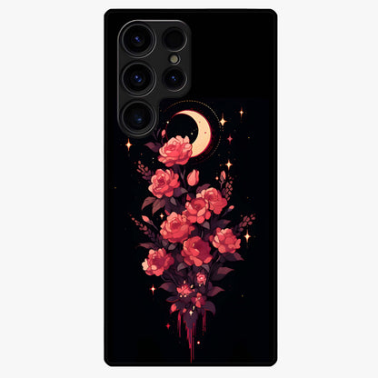 Moonlit Floral Elegance Glass Case showing flat back view with elegant floral artwork under moonlit tones and glossy glass finish.