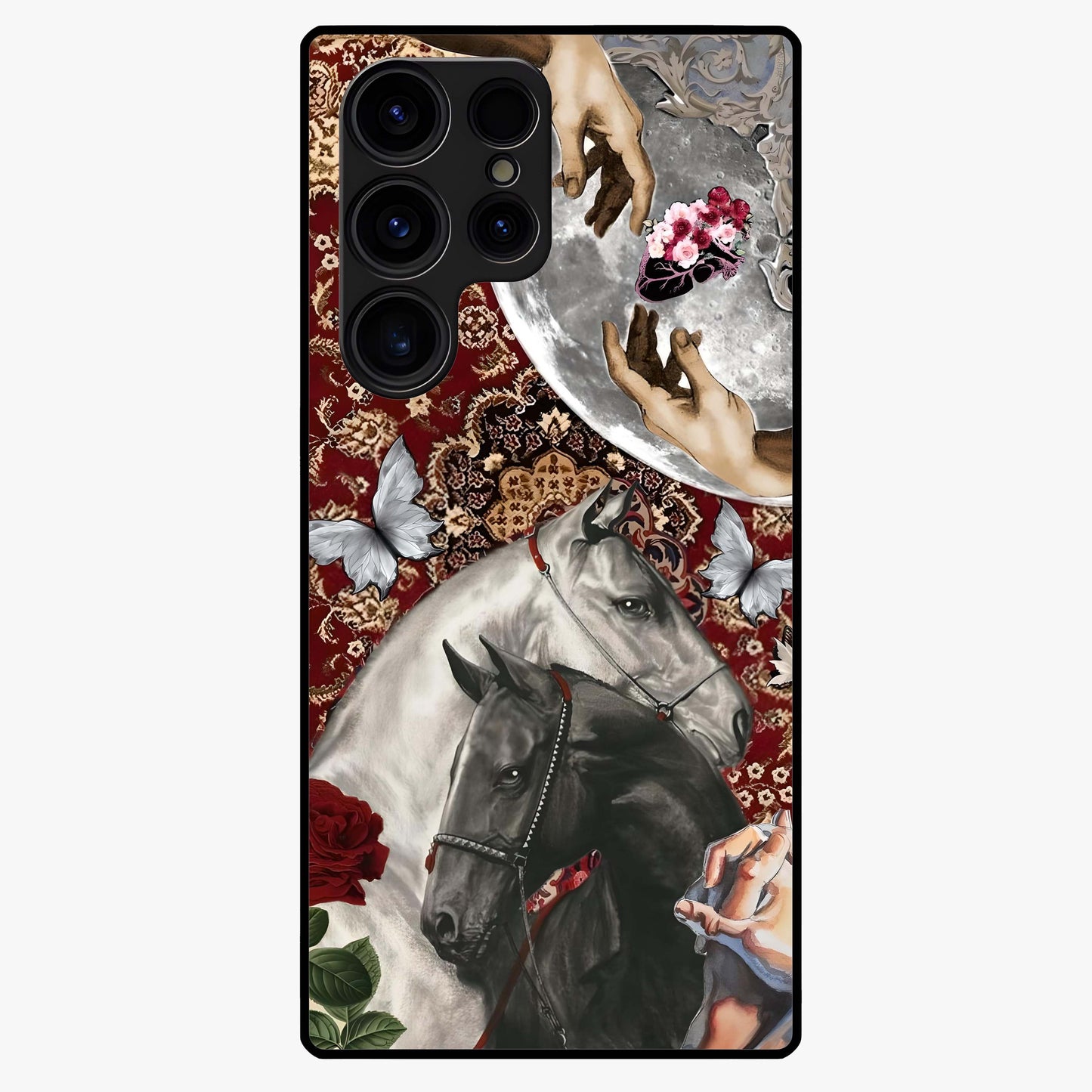 Moonlit Royal Stallion Glass Case showing flat back view with majestic horse under moonlight artwork and glossy glass finish.