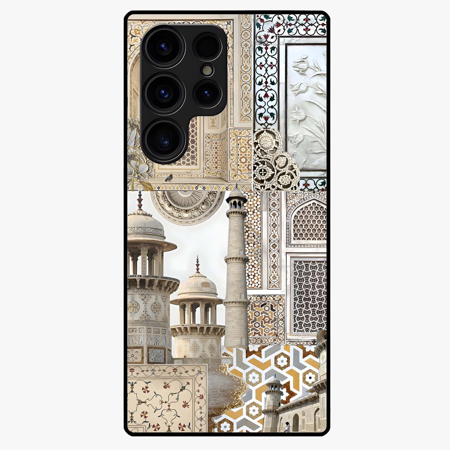 Mughal Marble Legacy Glass Case showing flat back view with intricate Mughal inspired marble pattern and glossy glass finish.