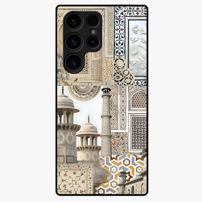 Mughal Marble Legacy Glass Case showing flat back view with intricate Mughal inspired marble pattern and glossy glass finish.